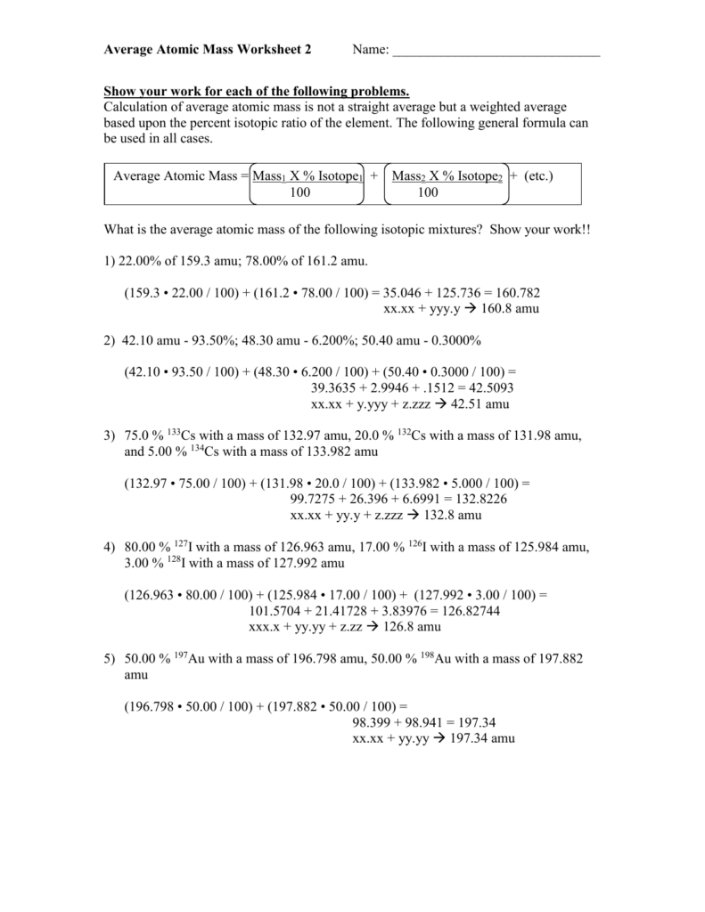 02 06 Average Atomic Mass Worksheet 2