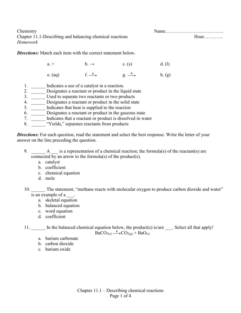 111 Describing Chemical Reactions Worksheet Answers Pearson Db excel