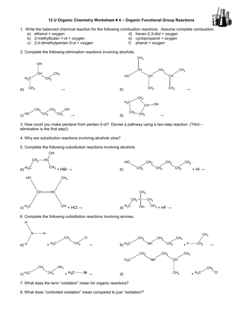 12 U Organic Chemistry Worksheet 4 Organic Functional Group Db