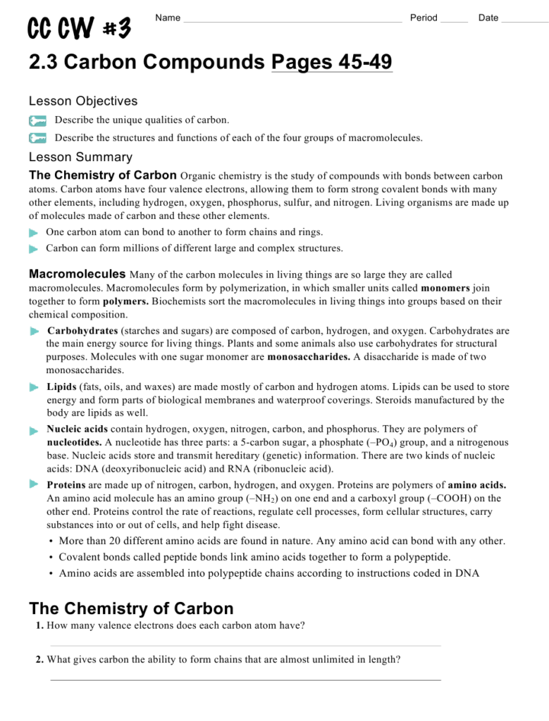 25 Chapter 2 The Chemistry Of Life Worksheet Answers Worksheet 