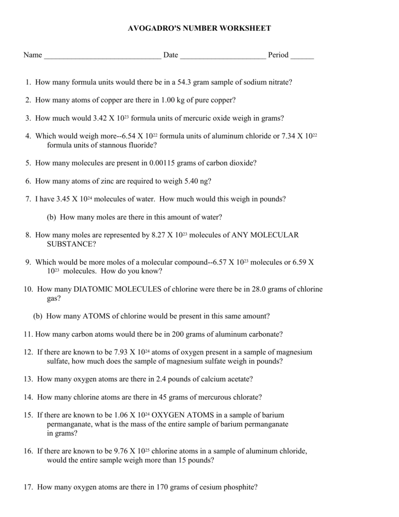 27 The Mole And Avogadro s Number Worksheet Answers Worksheet Information