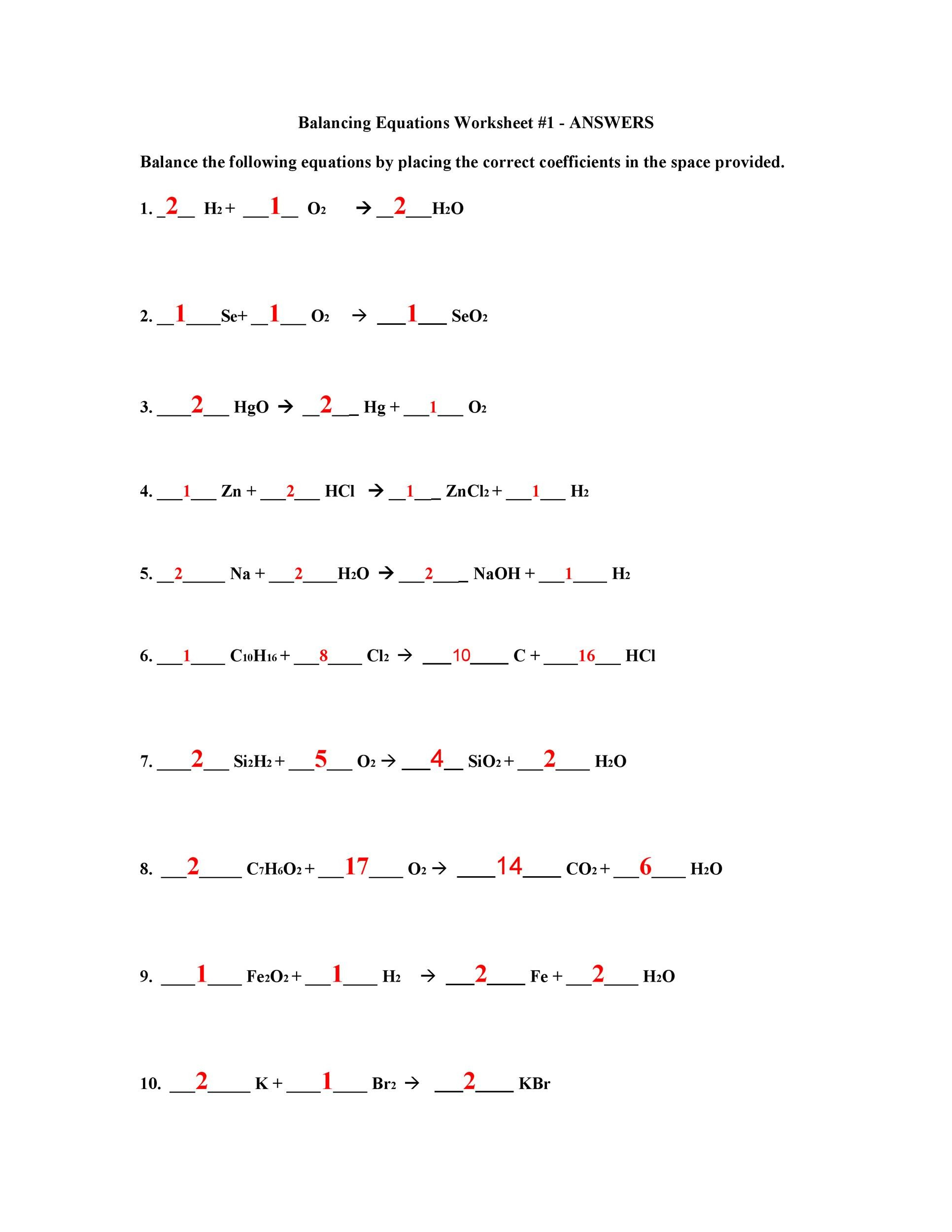 49 Balancing Chemical Equations Worksheets with Answers 