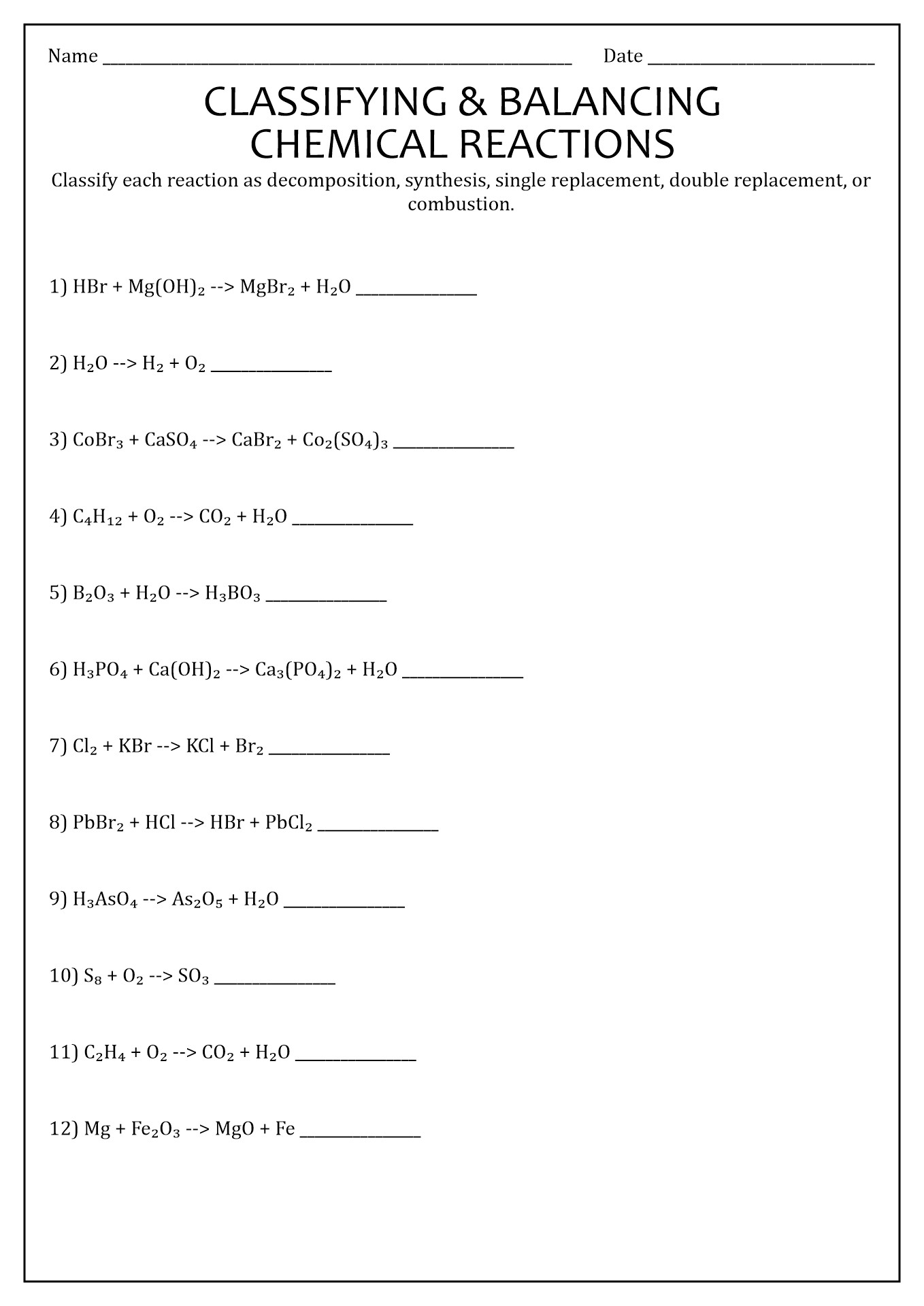 61 Classification Of Chemical Reactions Chemistry Worksheet Key 15 