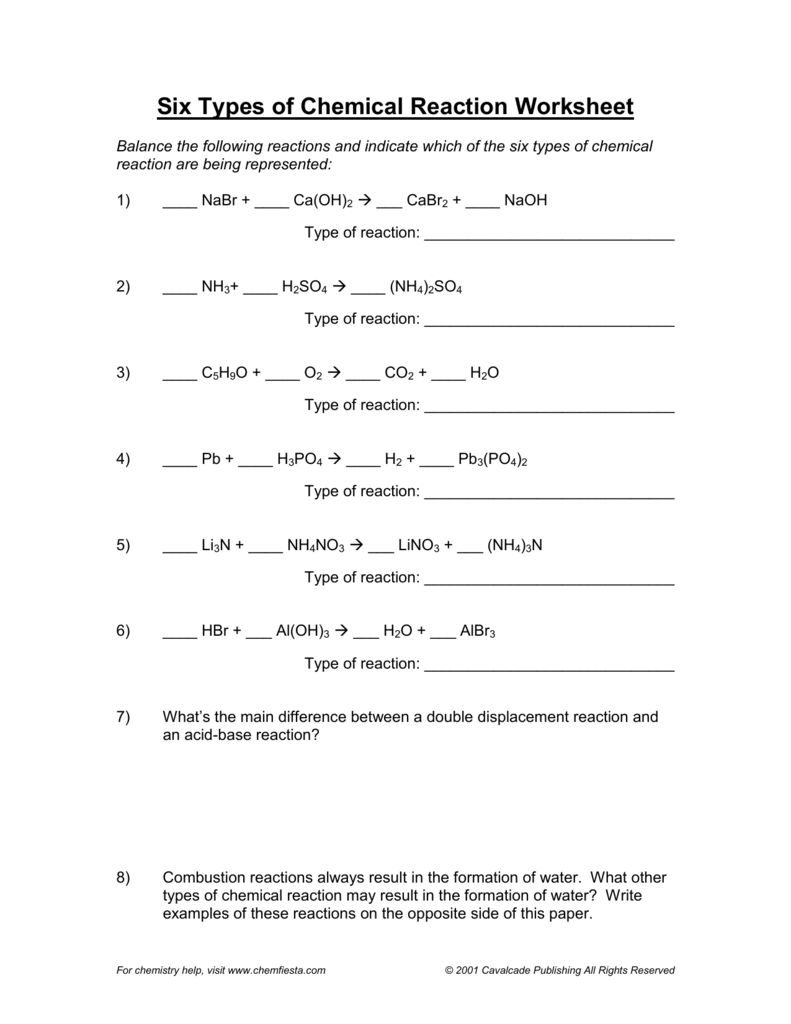 61 Classification Of Chemical Reactions Chemistry Worksheet Key 29