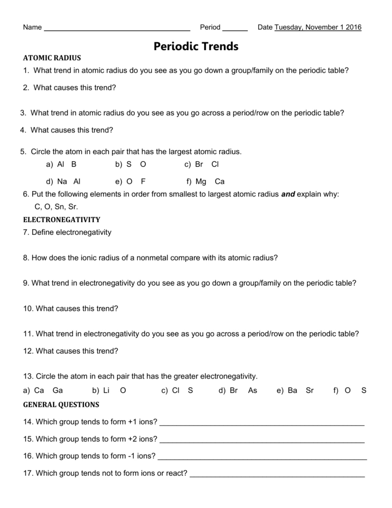 8 Pics Trends Of The Periodic Table Worksheet Part 1 Answer Key And 