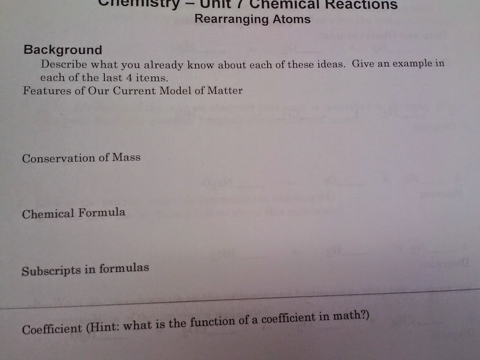 A Year Of Science Modeling Instruction Unit 7 Chemical Reactions