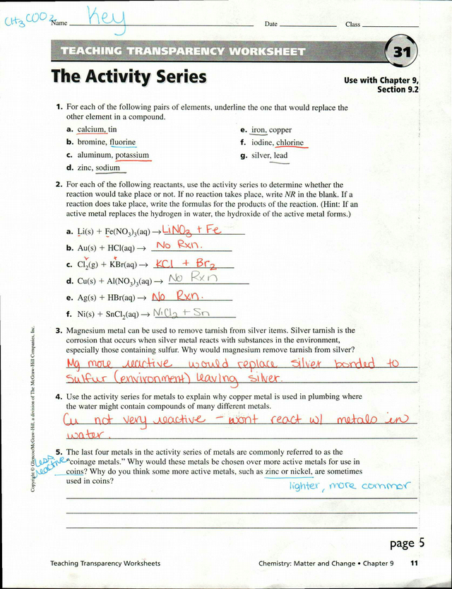 Activity Series And Solubility Rules WKST Key pdf TEACHING 