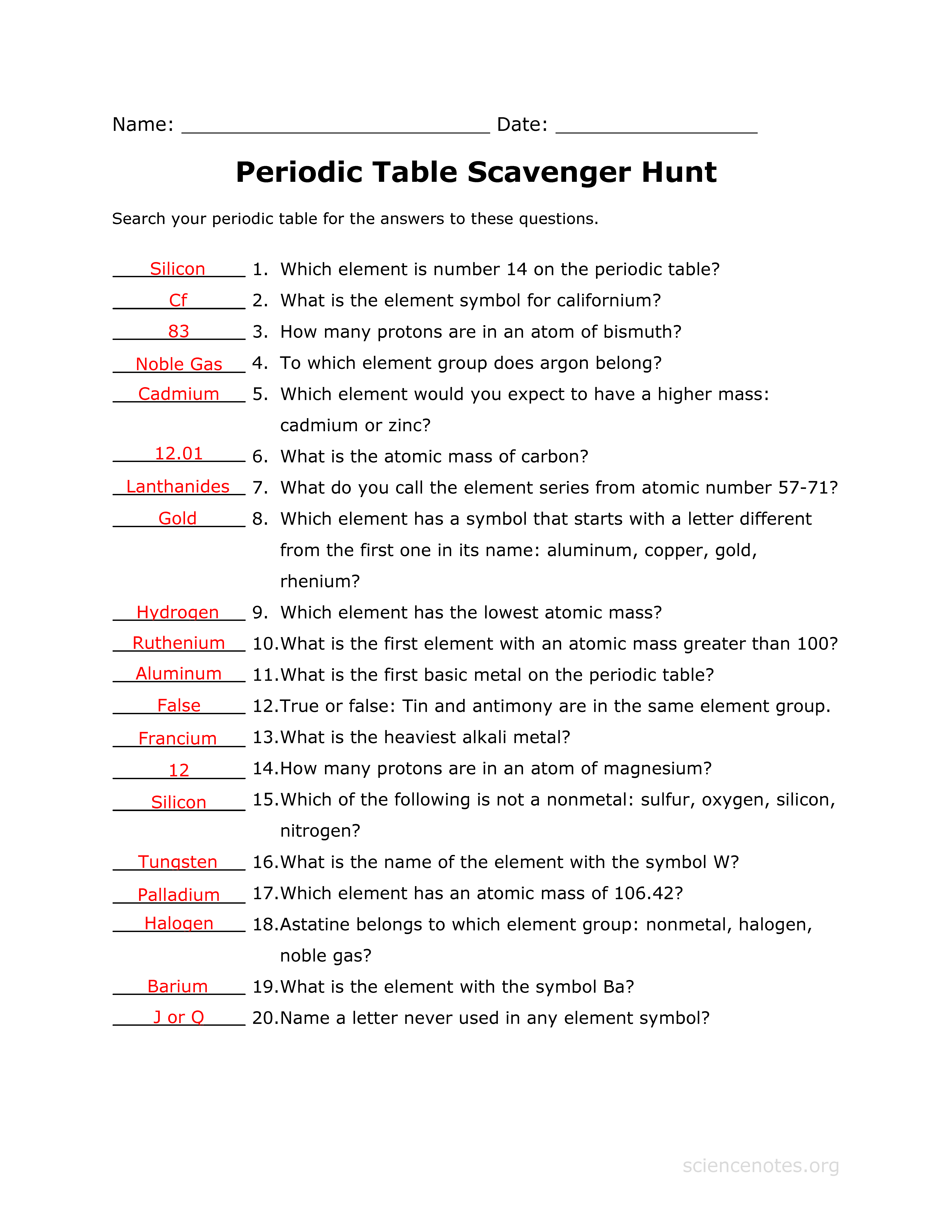 Answer Key To The Periodic Table Scavenger Hunt Worksheet Related