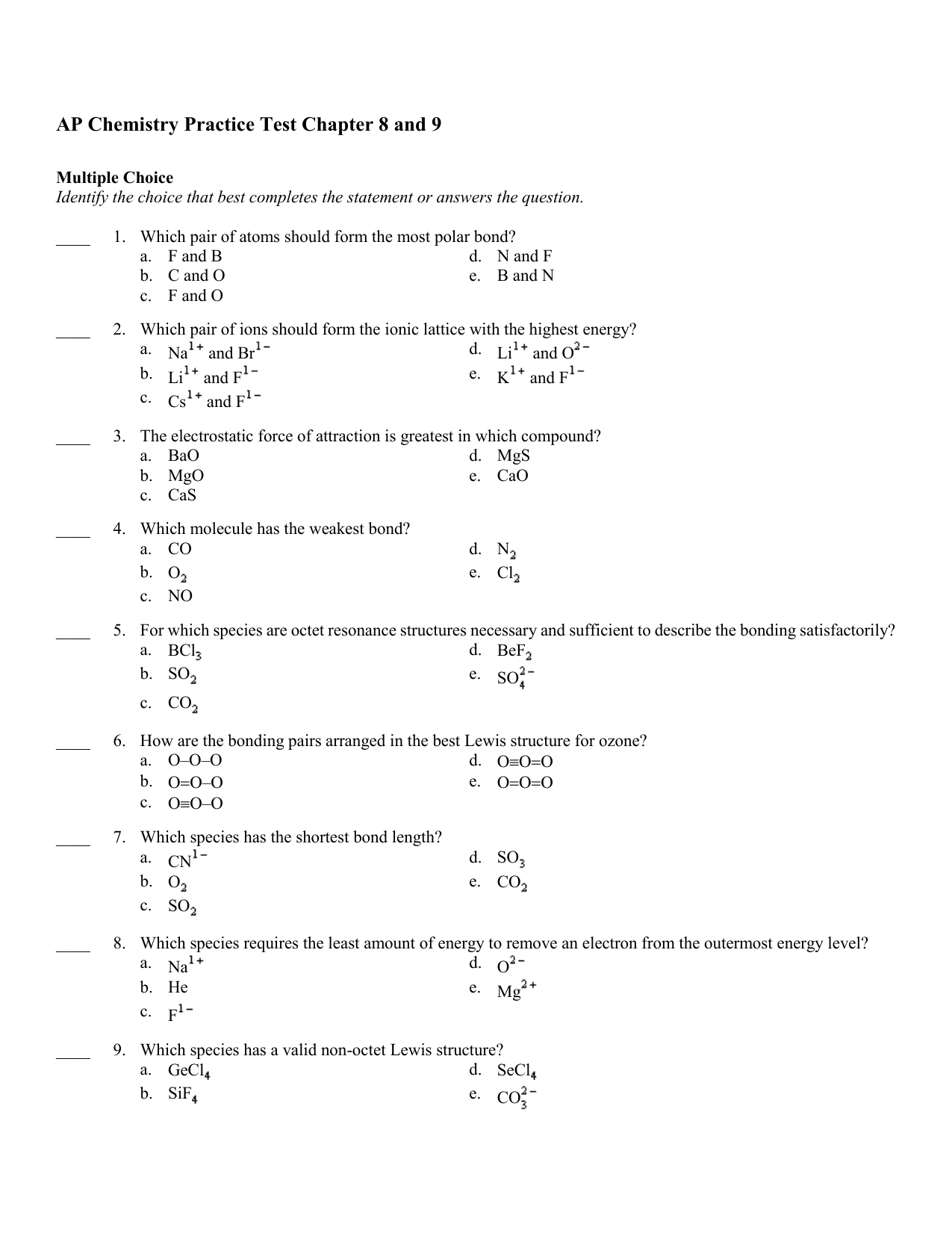 AP Chemistry Chapter 8 9 Practice Test With Answers 1 