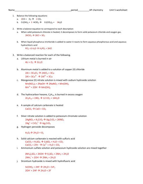 Ap Chemistry Worksheet Molecular Ionic And Net Equations Answers 