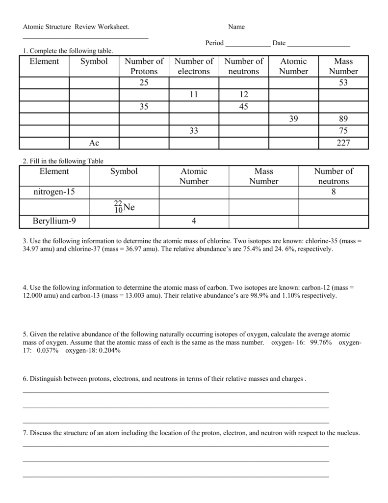 Atomic Structure Review Asnwer Key Atomic Structure Review Worksheet