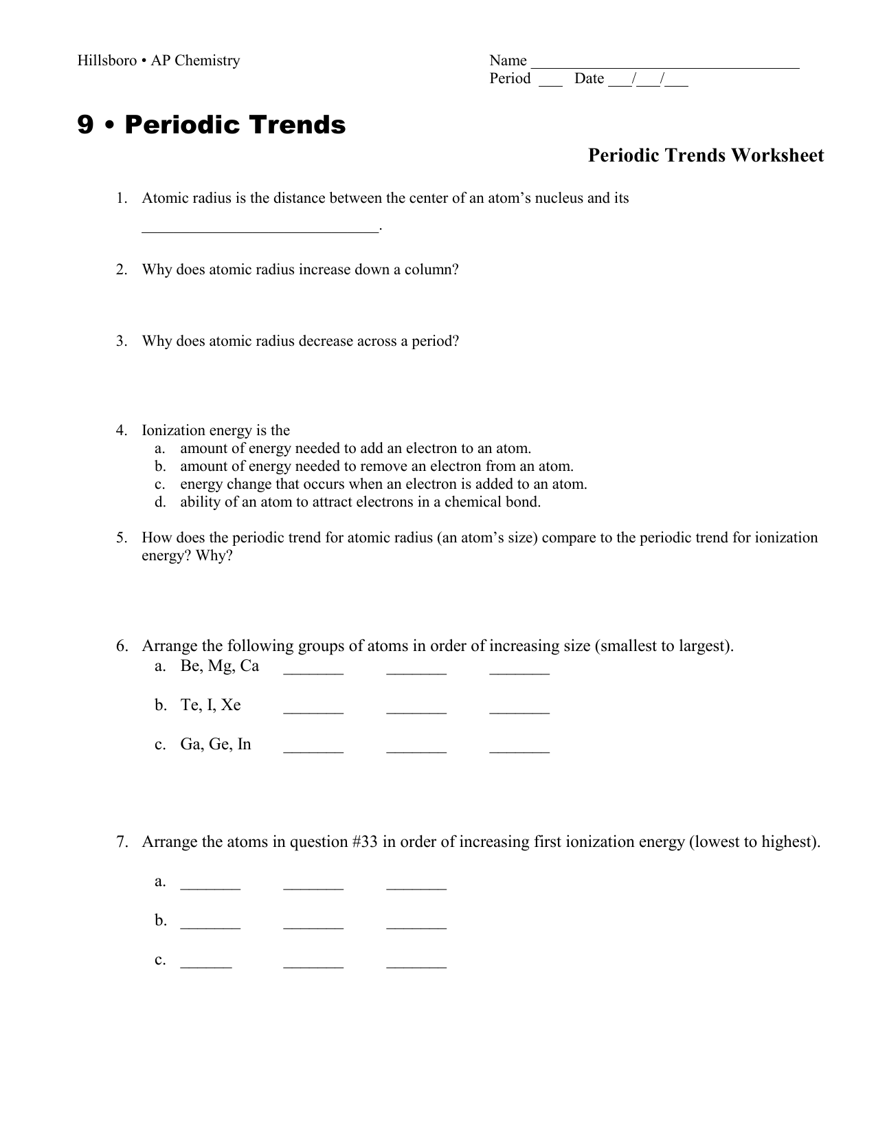 Atomic Structure Worksheet Honors Chemistry