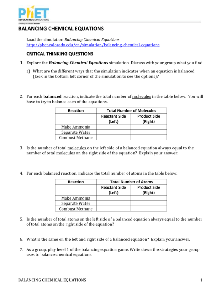 Balancing Chemical Equations Activity Worksheet Answers Db excel