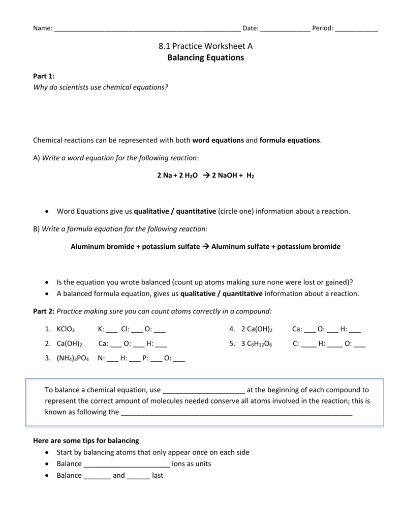 Balancing Chemical Equations Examples Worksheet