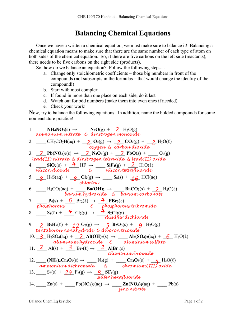 Balancing Chemical Equations Multiple Choice Test Doc Tessshebaylo