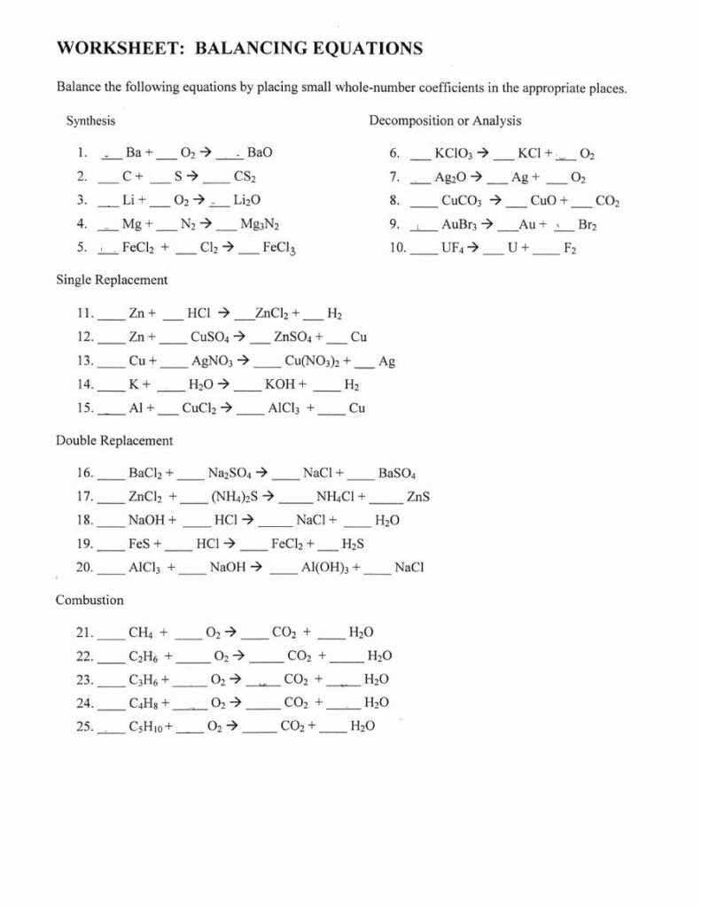 Balancing Chemical Equations Practice Problems Worksheet With Answers 
