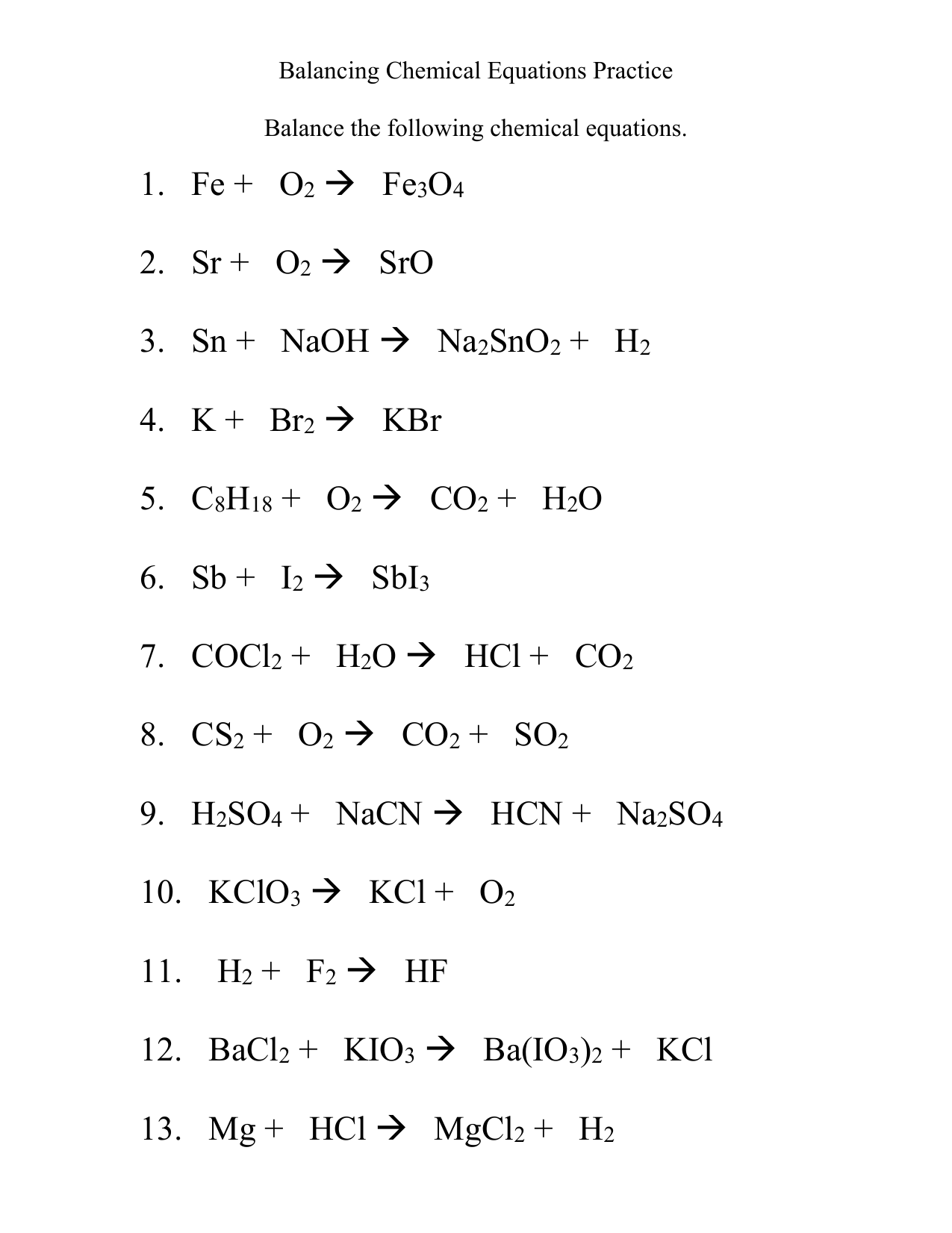 Balancing Chemical Equations Practice Worksheet 1 