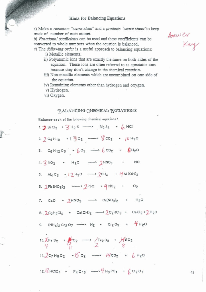 Balancing Chemical Equations Practice Worksheet Answer Key My PDF 