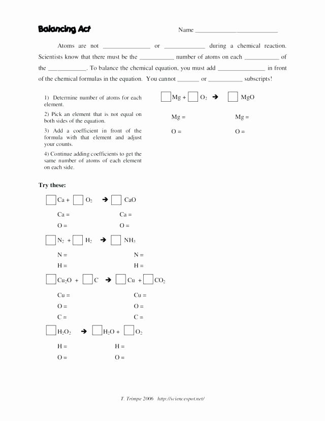 Balancing Chemical Equations Practice Worksheet With Answers