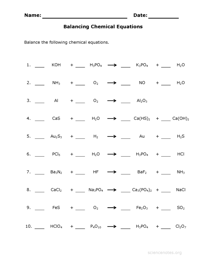 Balancing Chemical Equations Practice Worksheet With Answers How To 