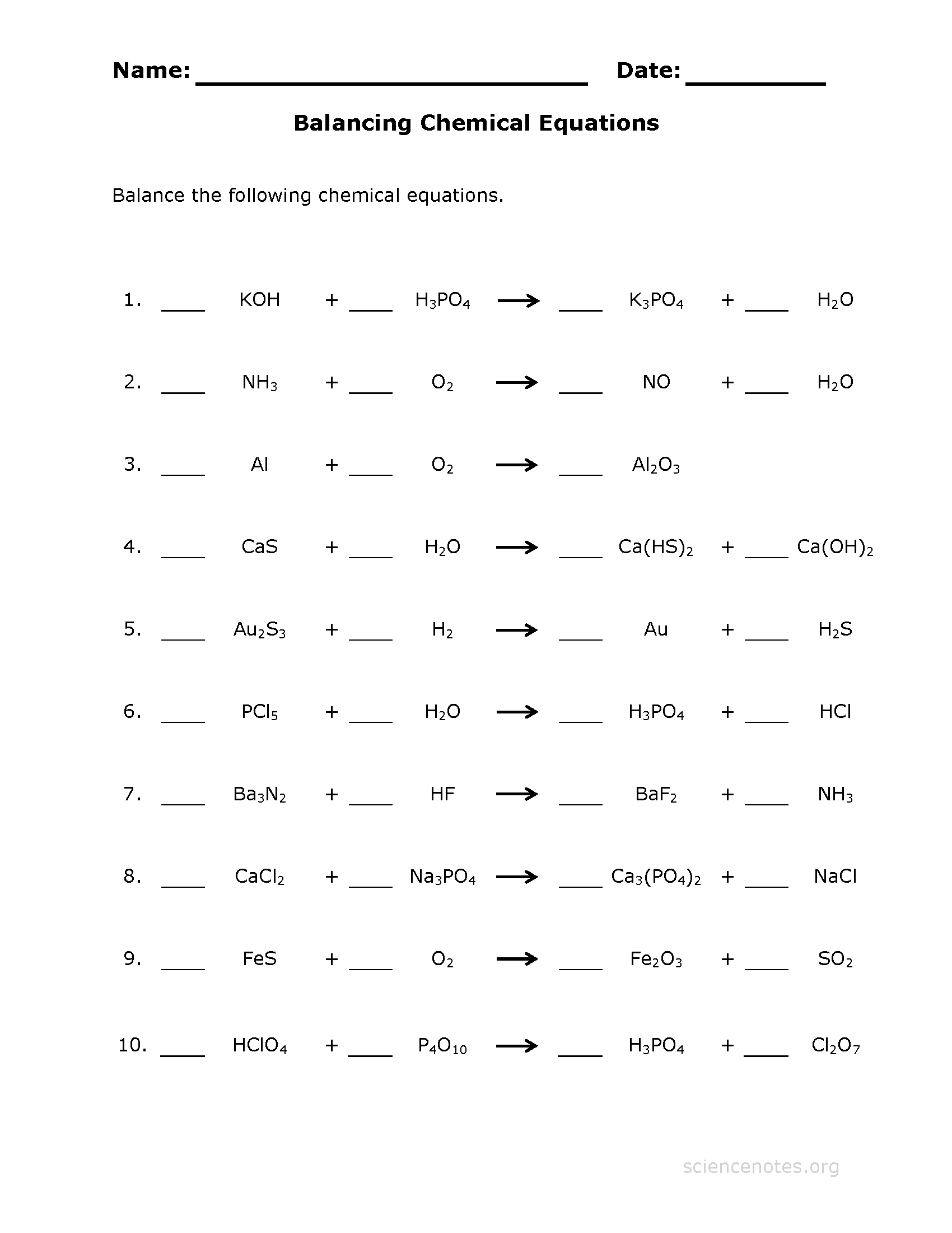Balancing Chemical Equations Practice Worksheet With Answers How To
