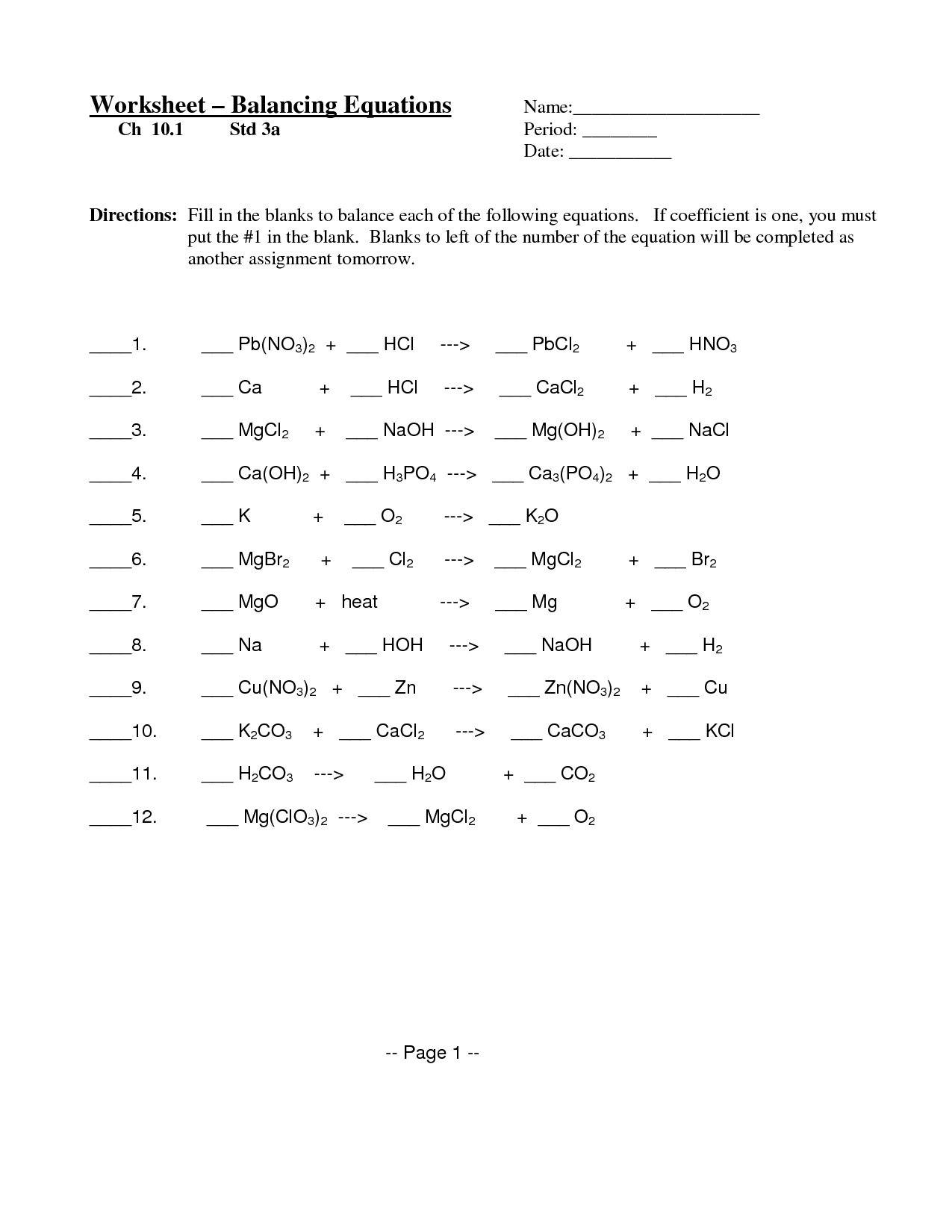 Balancing Chemical Equations Review Worksheet Answers Printable 