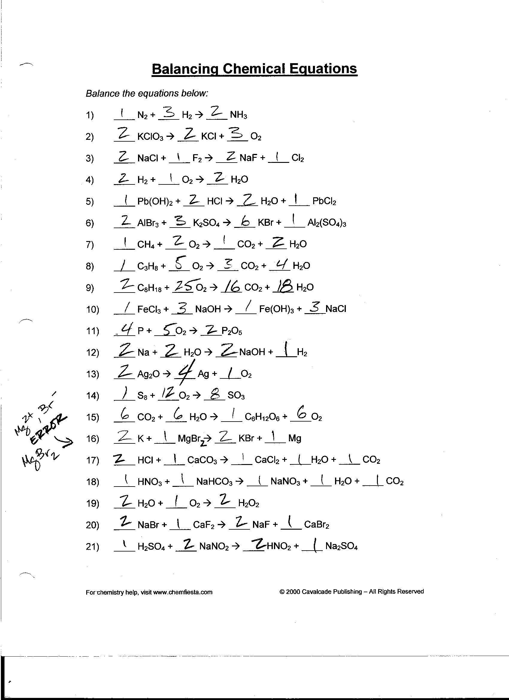 Balancing Chemical Equations Worksheet 2 Answers Ivuyteq