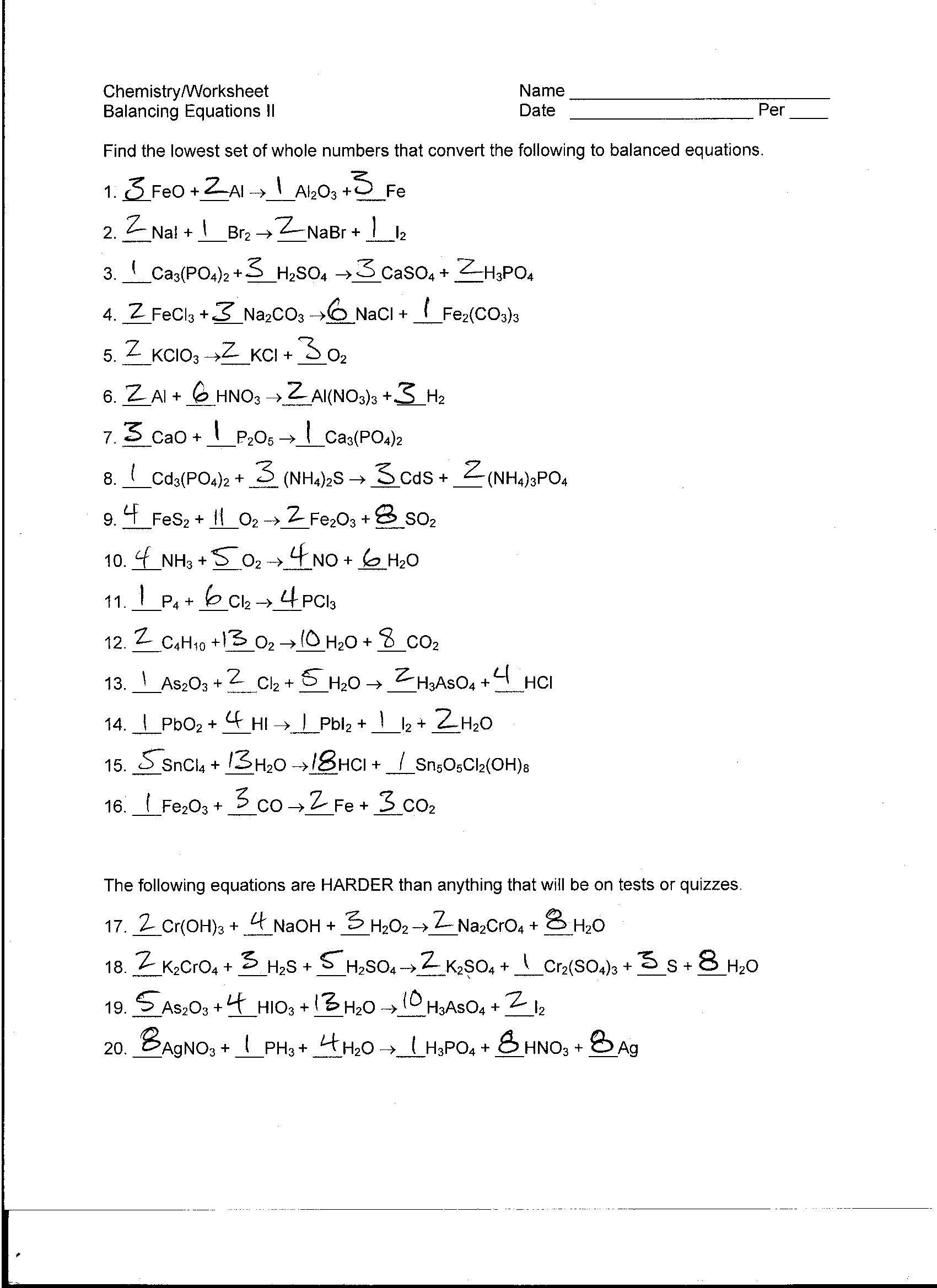 Balancing Chemical Equations Worksheet 2 Answers Promotiontablecovers