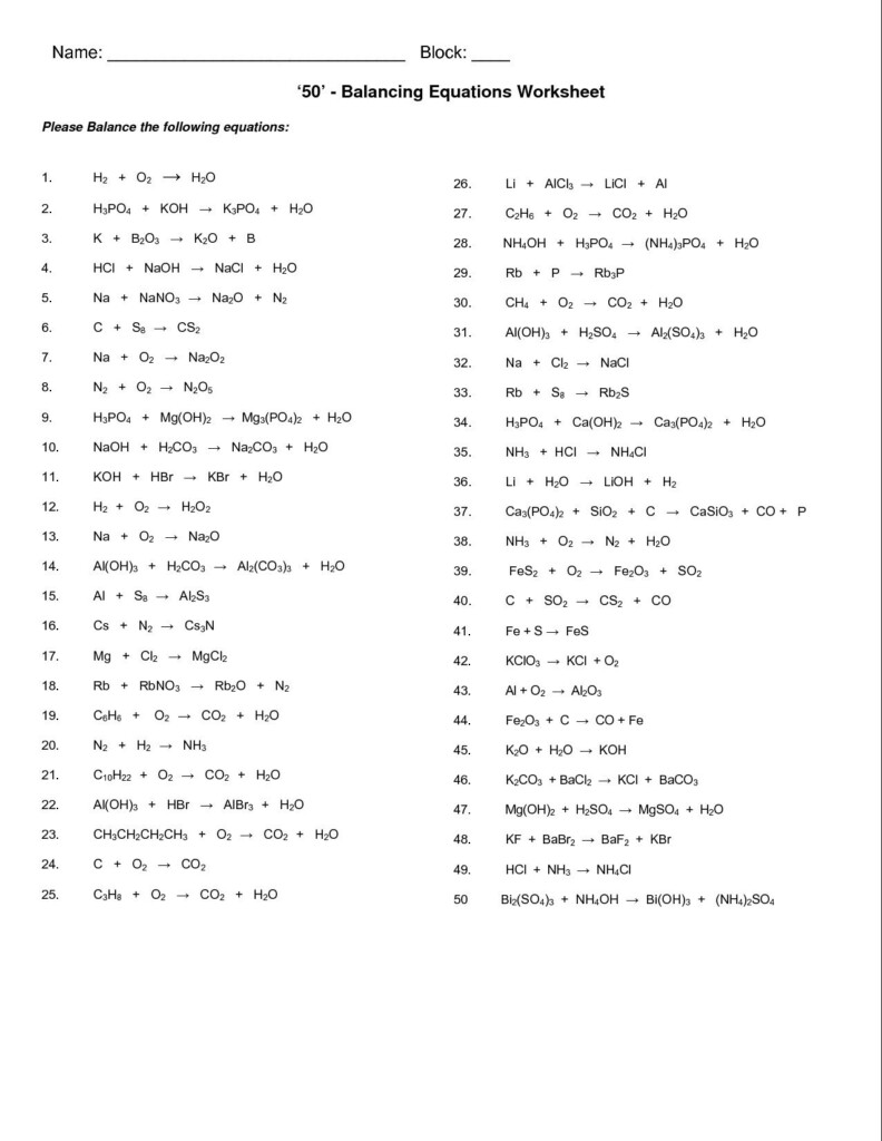 Balancing Chemical Equations Worksheet 50 Questions Tessshebaylo