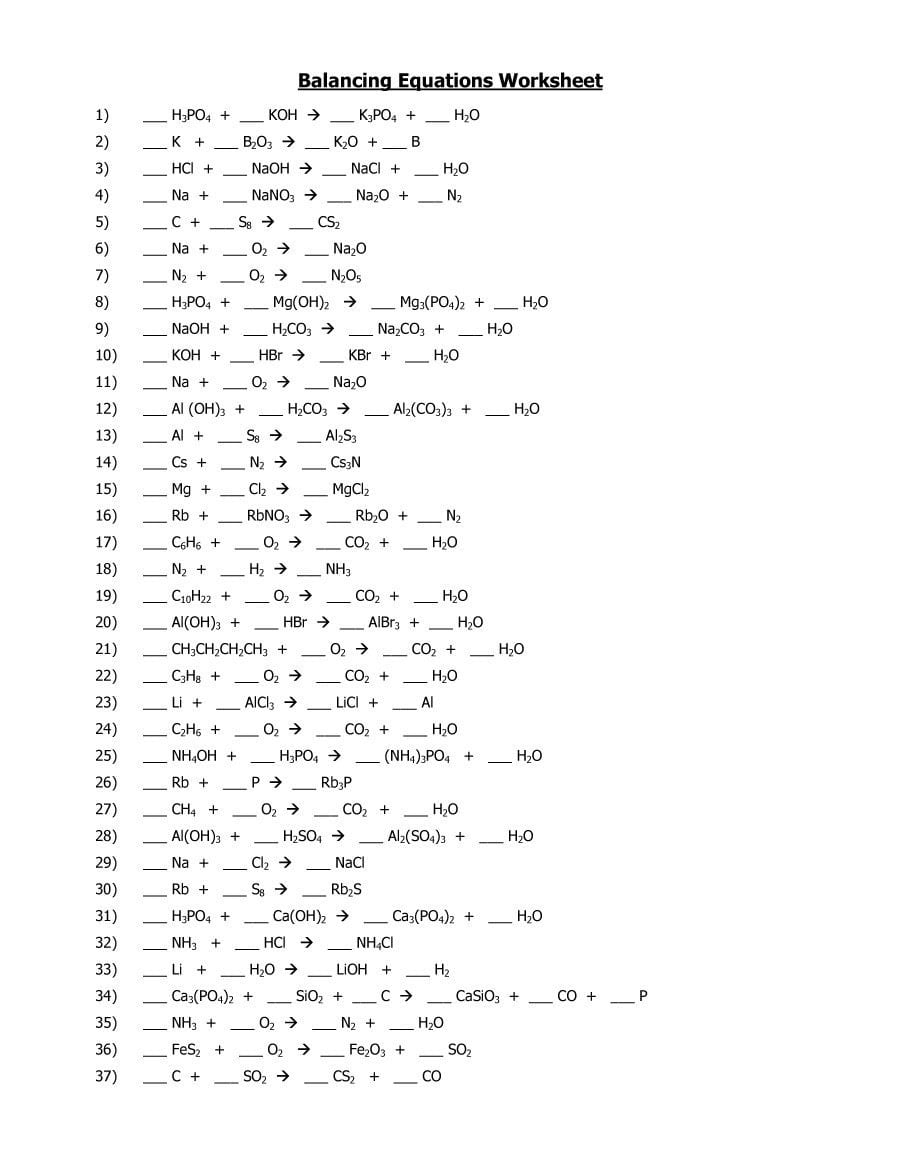 Balancing Chemical Equations Worksheet Answer Key 1 25 Db excel