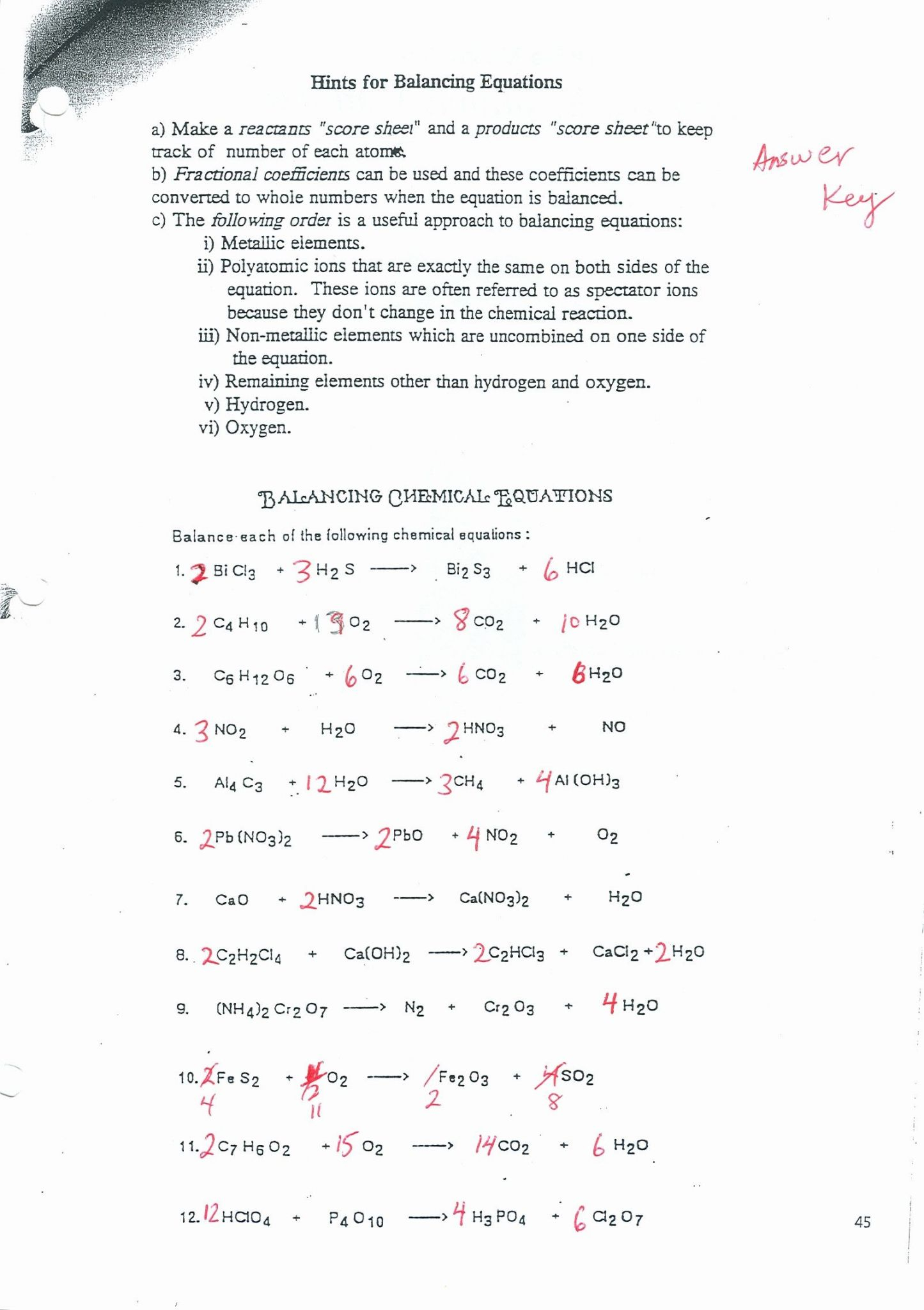 Balancing Chemical Equations Worksheet Answer Key