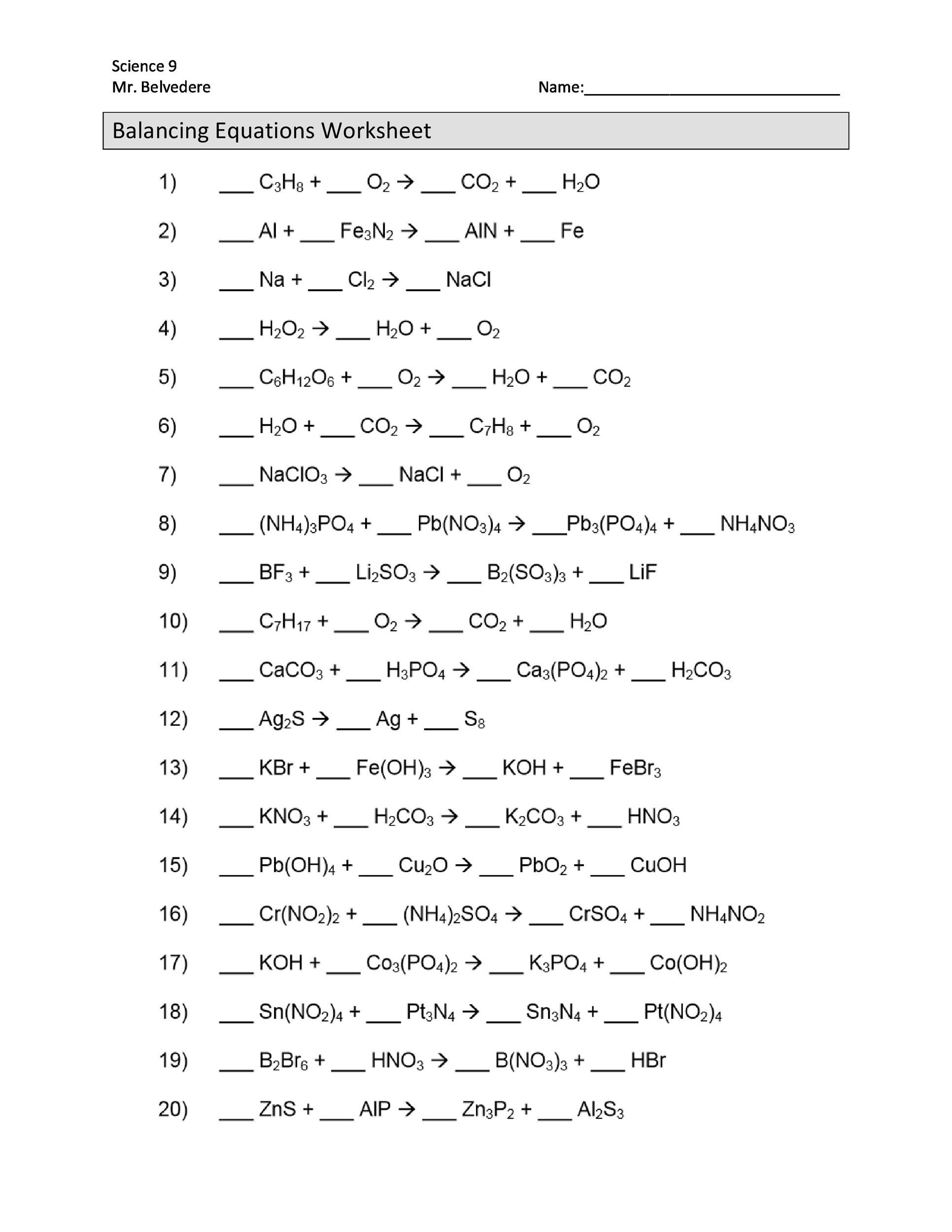 Balancing Chemical Equations Worksheet Grade 12 Printable Worksheets 