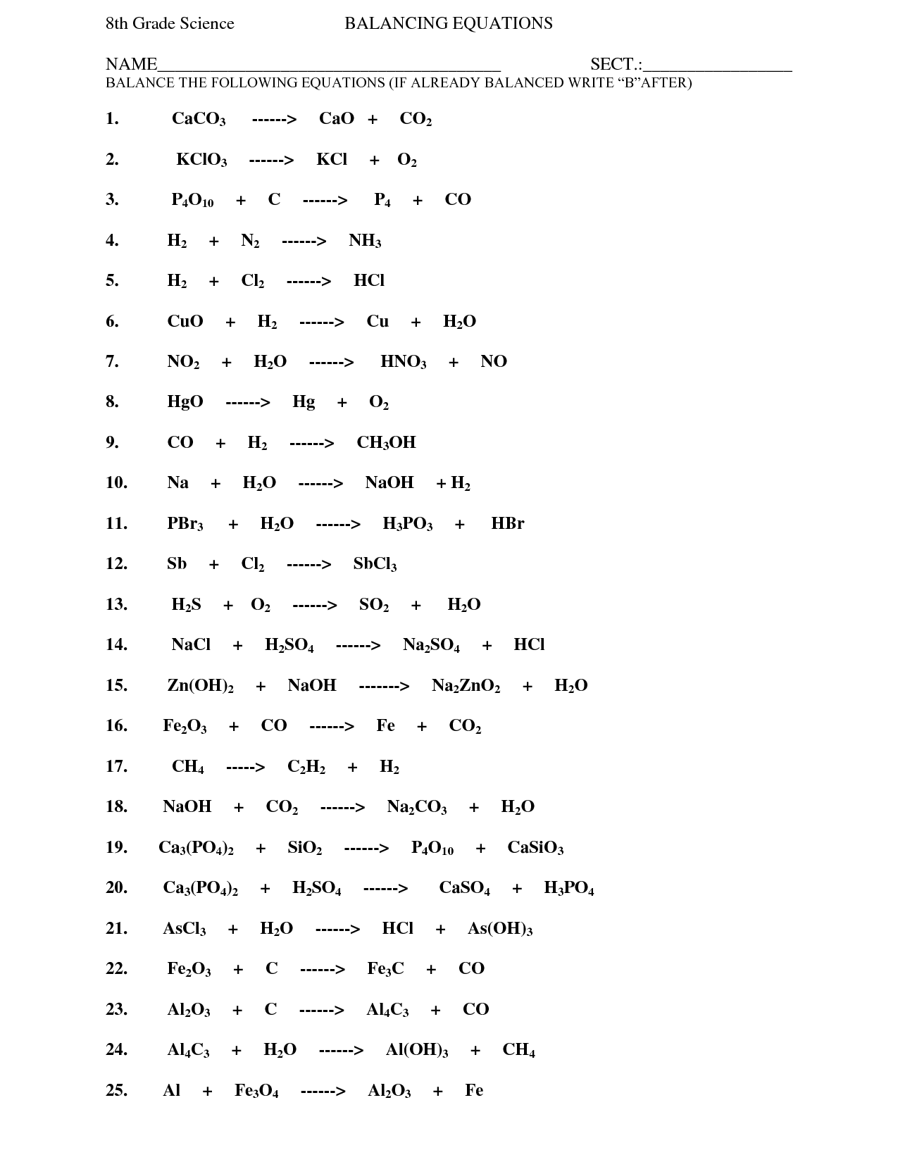 Balancing Equations Answer Key Balancing Chemical Equations Worksheet 