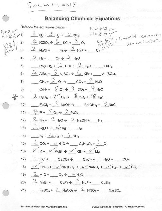 Balancing Equations Worksheets And Answers Chemical Equation 