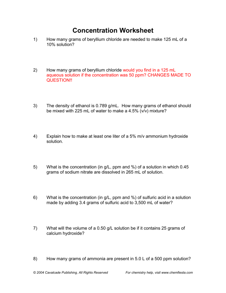 Bestseller Solution Concentration Worksheet Practice Problems Answers