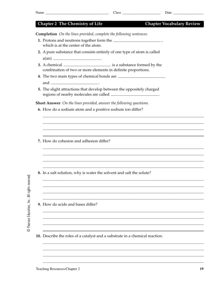 Biology Chapter 2 The Chemistry Of Life Worksheet Answers Db excel