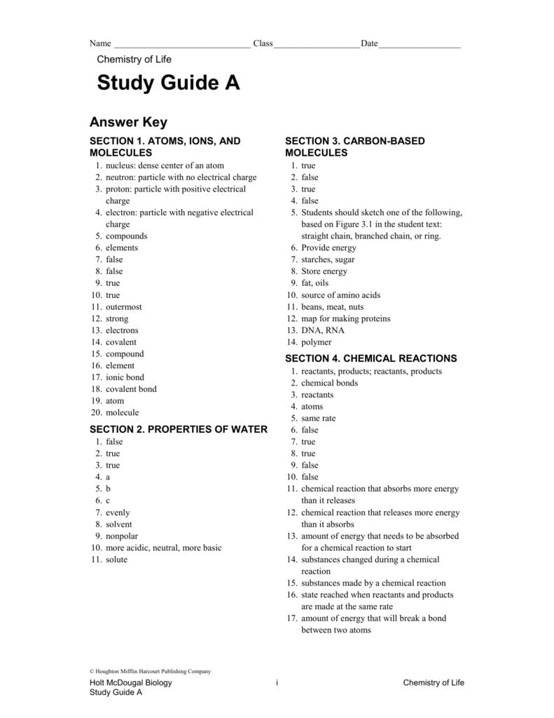 Biology Chapter 2 The Chemistry Of Life Worksheet Answers Db excel