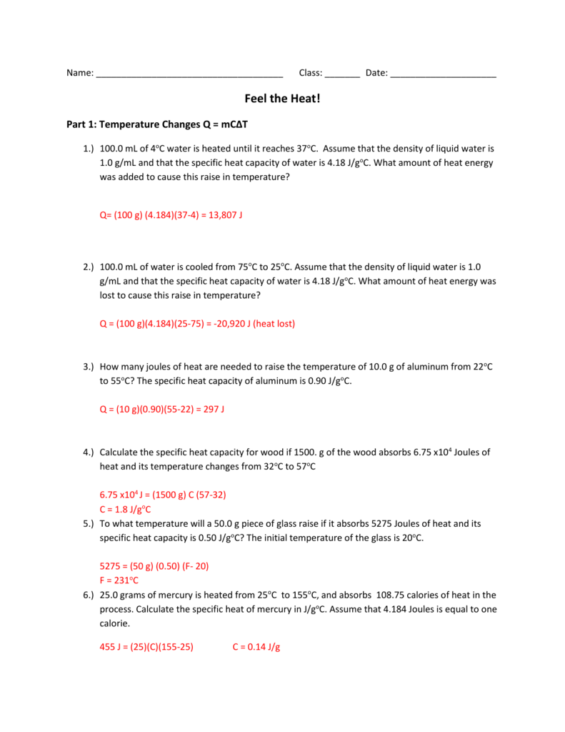 Calculating Heat ANSWER KEY