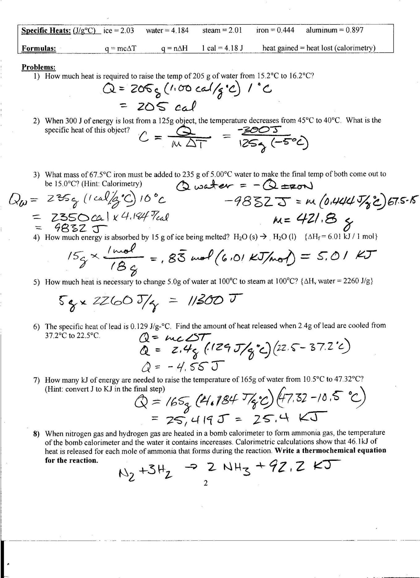 Calorimetry Worksheet Answers