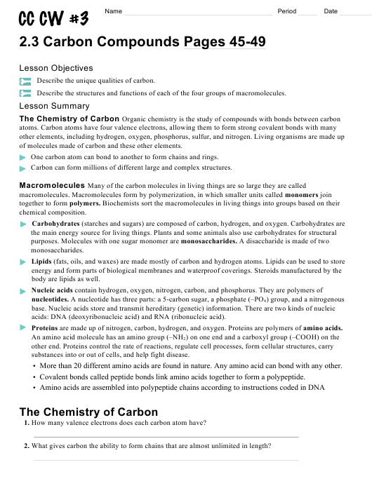 Carbon Compounds Worksheet Chapter 2 3 the Chemistry Of Life Download Printable PDF 