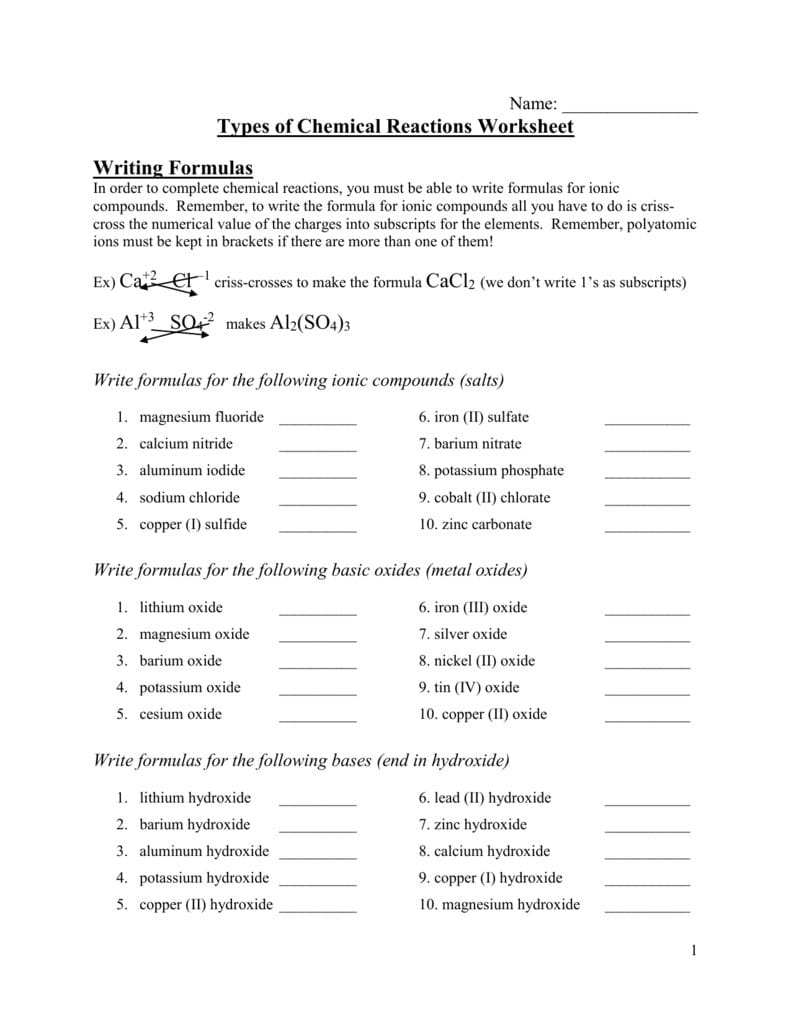 Categories Of Chemical Reactions Worksheet Answers Db excel