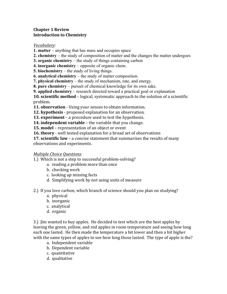 Chapter 1 Review Introduction To Chemistry Vocabulary 1 Matter