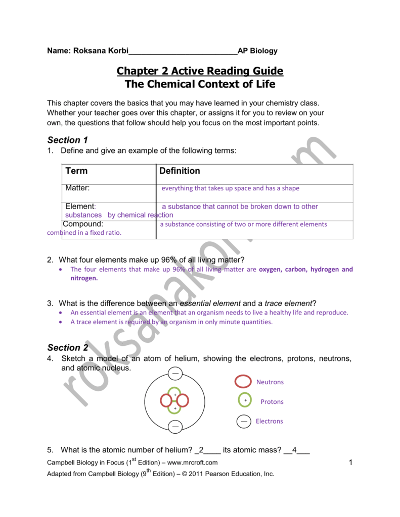 Chapter 2 Active Reading Guide The Chemical Context Of Life