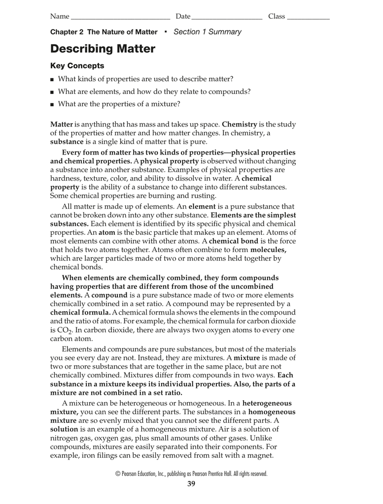 Chapter 2 Matter And Change Worksheet Answers Pearson Nidecmege