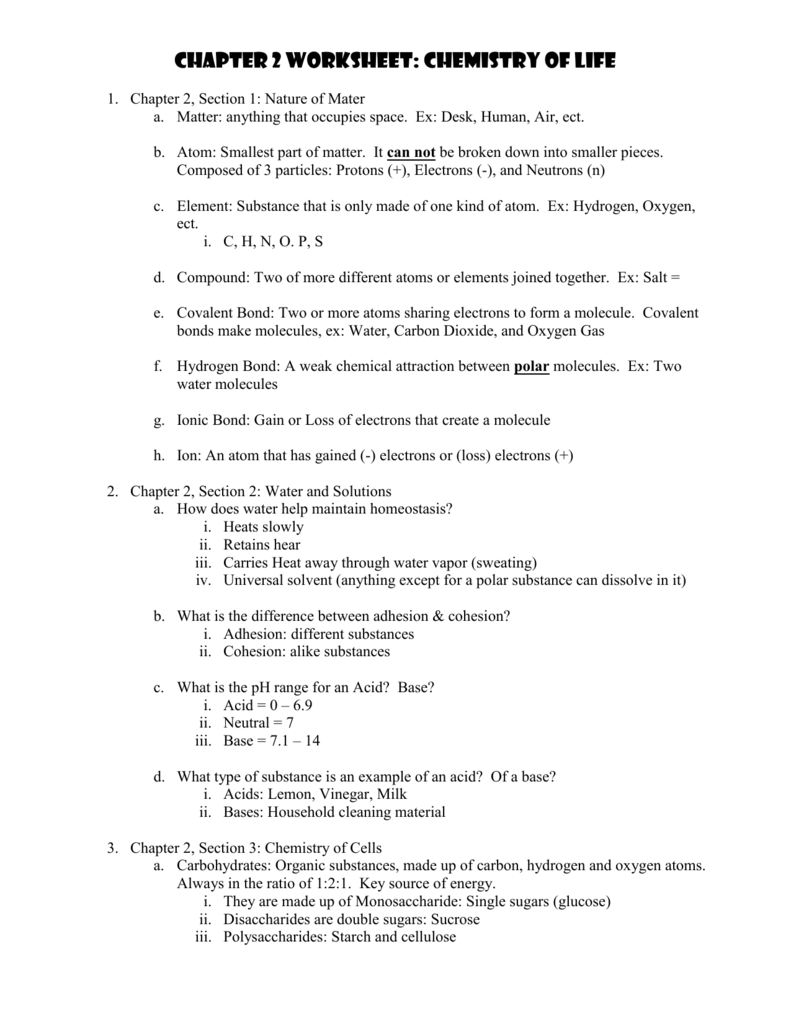 Chapter 2 Worksheet Chemistry Of Life