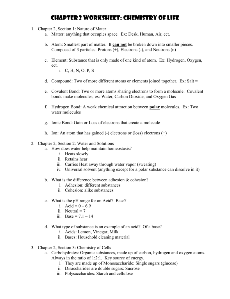 Chapter 2 Worksheet Chemistry Of Life Db excel
