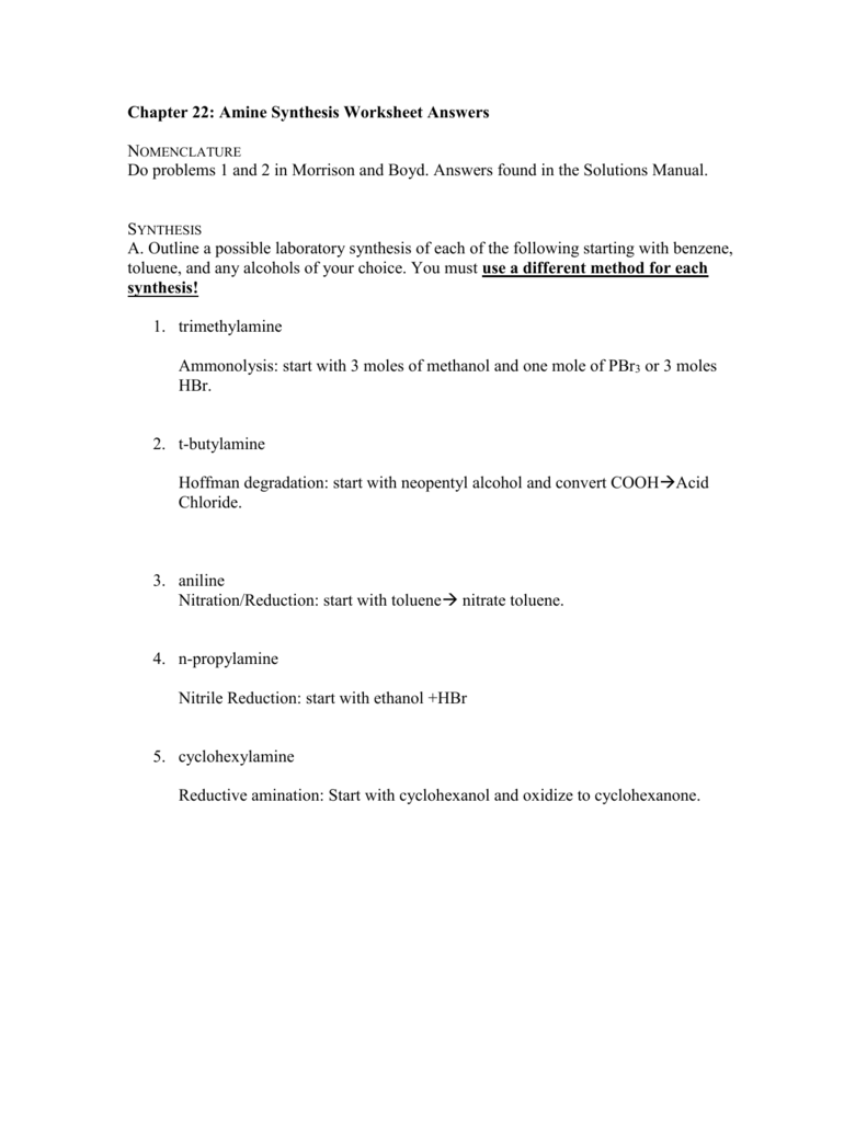 Chapter 22 Amine Synthesis Worksheet Answers