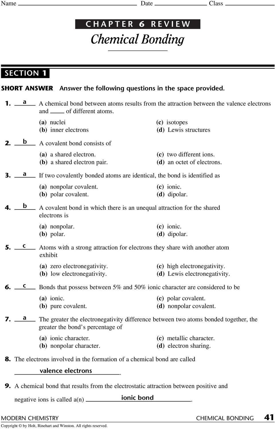 Chapter 6 Review Chemical Bonding Answer The Following Questions Db 