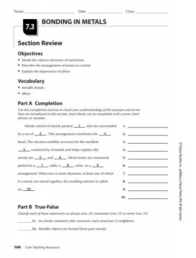 Chapter 7 Ionic And Metallic Bonding Vocabulary Review Worksheet 