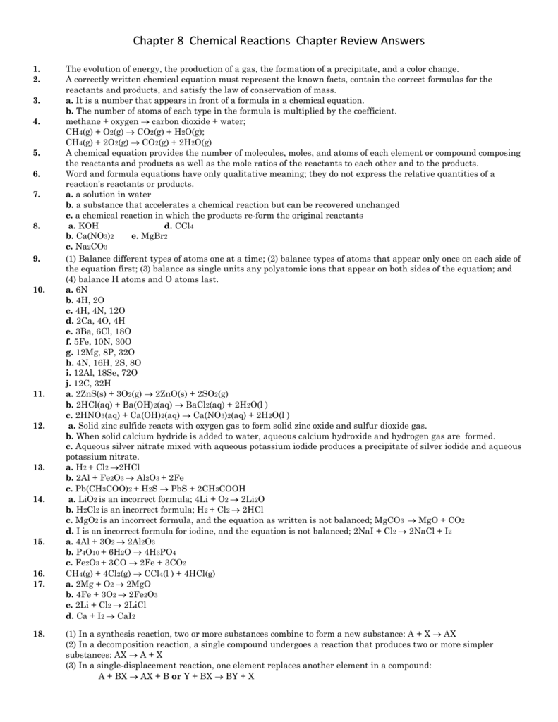 Chapter 8 Chemical Reactions Chapter Review Answers 1 The